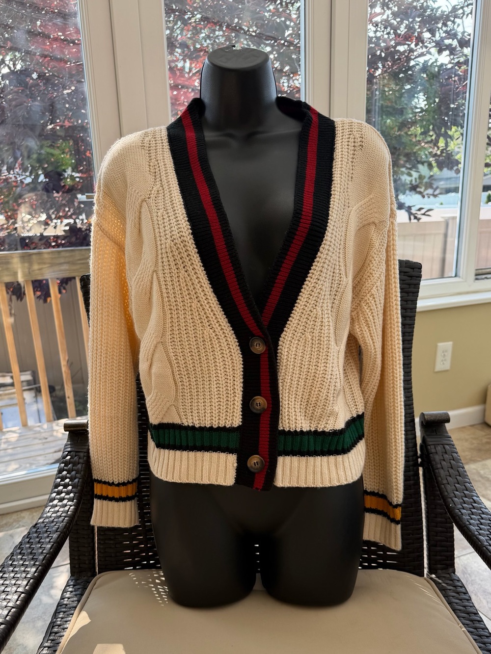 Signature8 Cream Cable Knit Cardigan with Black, Red, Green & Yellow Trim